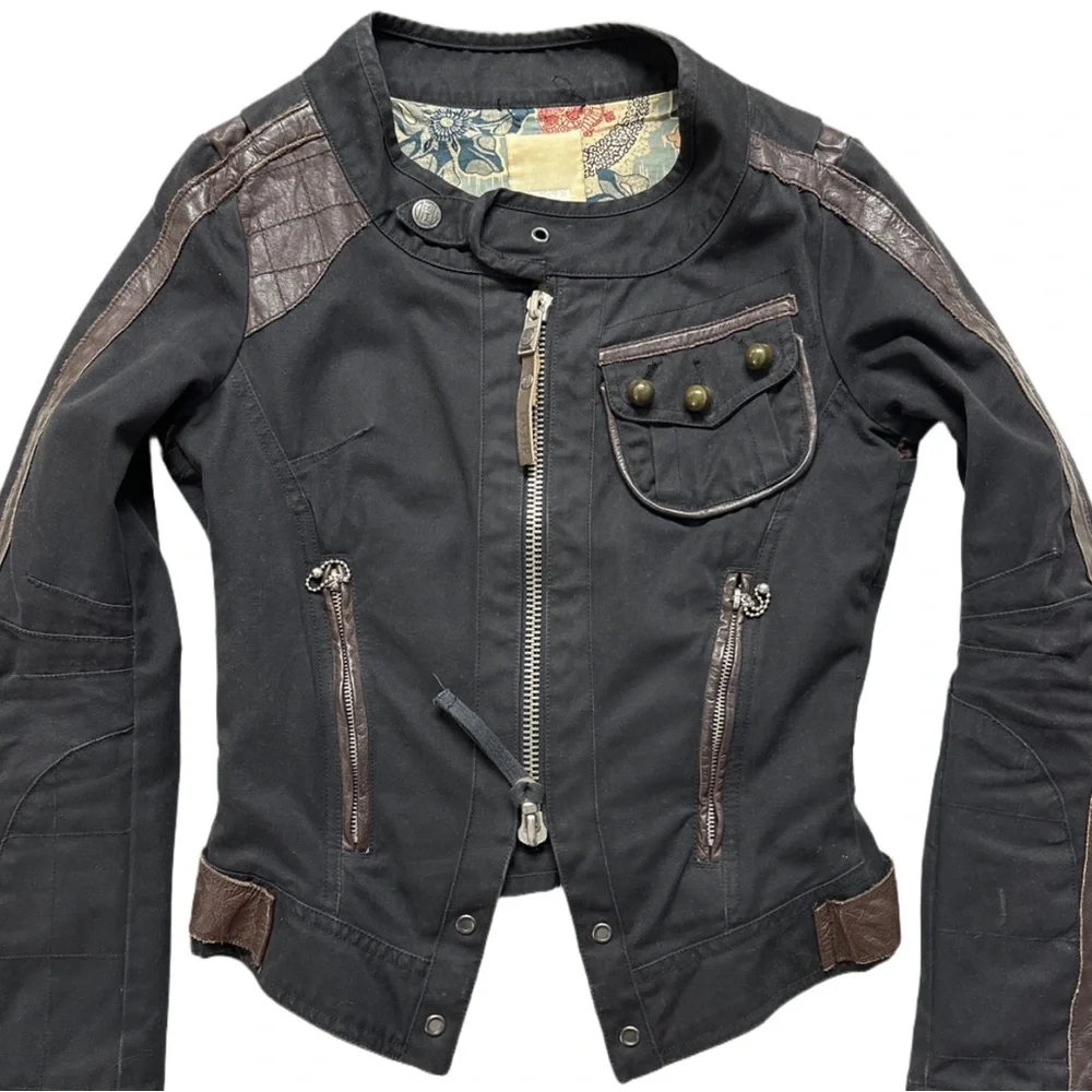 Y2K DIESEL rare black slim fitted nightriders leather trim jacket, S. - Picture 4 of 8